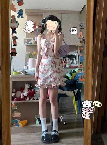 BABYACT - 原创大蝴蝶结提花收腰连衣裙荷叶边吊带裙夏季甜酷辣妹