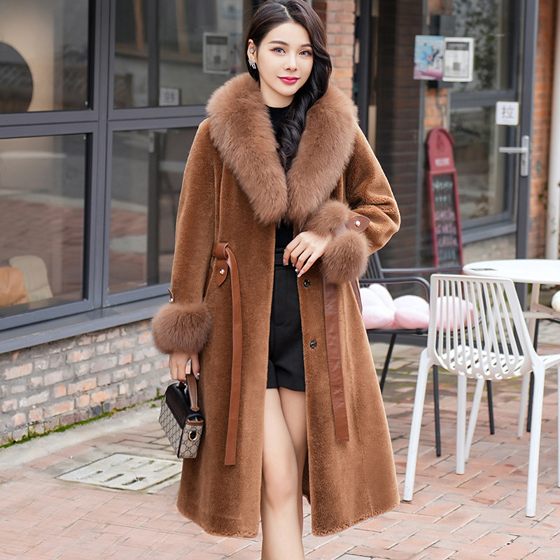 Real Fox Fur Sheep Shearing Coat Fleece Women's Long Pure Wool Fur