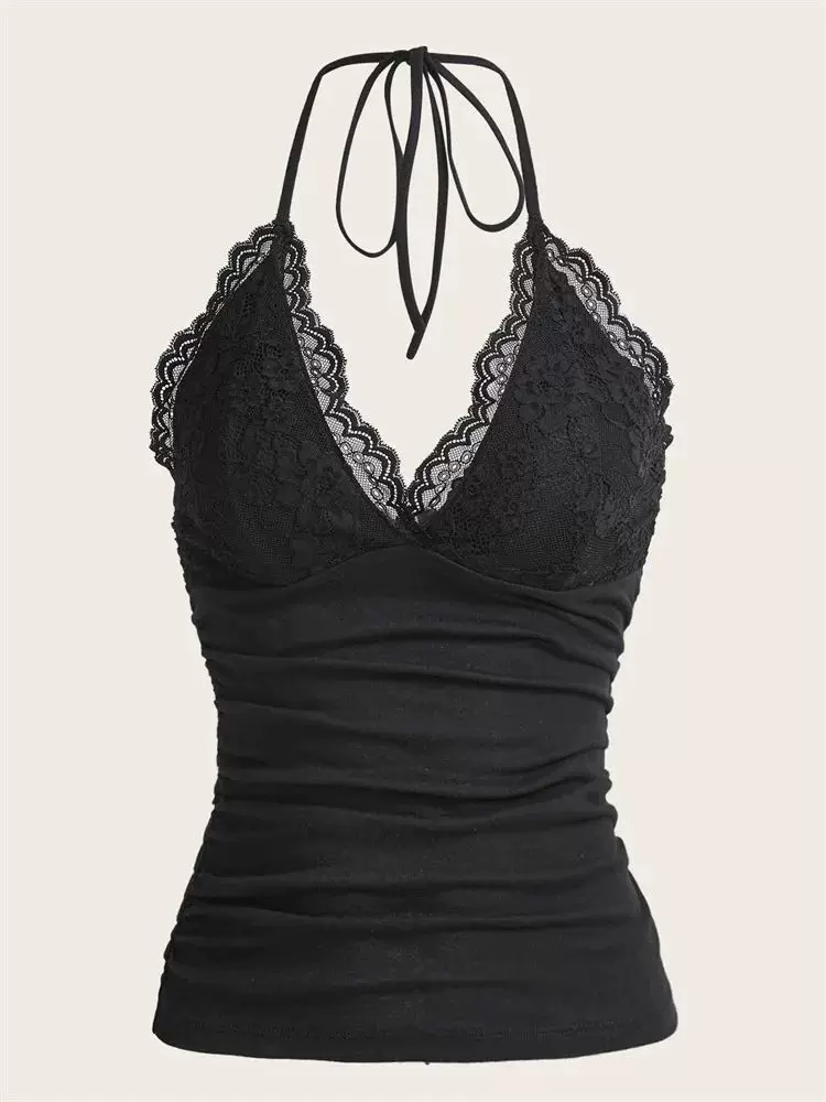 Топ-халтер женский LACE V-образный вырез, кружевная отделка, облегающий сборчатый (чёрный, S–L)