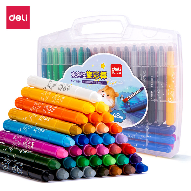 Deli Stationery 48-color washable rotating oil pastel rotating color stick crayons safe student children's painting water-soluble large-capacity graffiti coloring pen dazzling rotating oil pastel