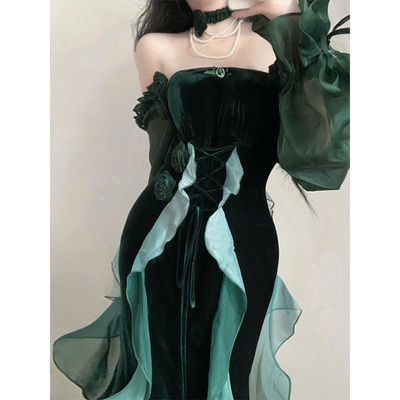 taobao agent Green elegant long skirt, Lolita style, long sleeve, fish tail, mid-length