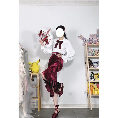 taobao agent Elegant burgundy long set, fish tail, Lolita style, long sleeve, mid-length