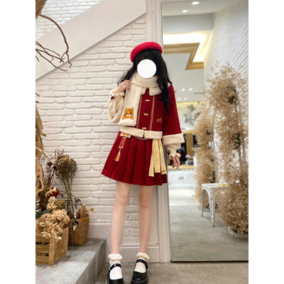 taobao agent Summer set, keep warm cute woolen coat, sweater, autumn demi-season pleated skirt