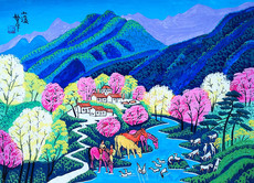 Рисунки акварелью и гуашью 小溪山区农村春天风景色彩艳丽程敏生陕西户县农民画尺寸52x38cm
