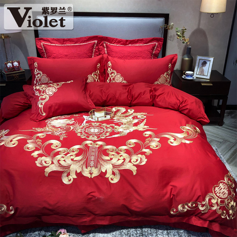 violet cotton high-density color cloth and red wedding embroidery four-piece set chinese festive wedding six-piece set ten-piece set