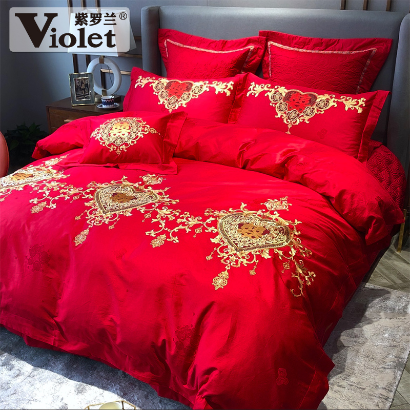 violet cotton high-density color cloth and red wedding embroidery four-piece set chinese festive wedding six-piece set ten-piece set