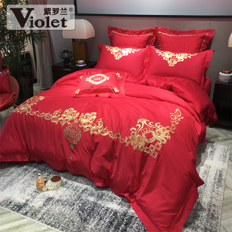 violet cotton high-density color cloth and red wedding embroidery four-piece set chinese festive wedding six-piece set ten-piece set