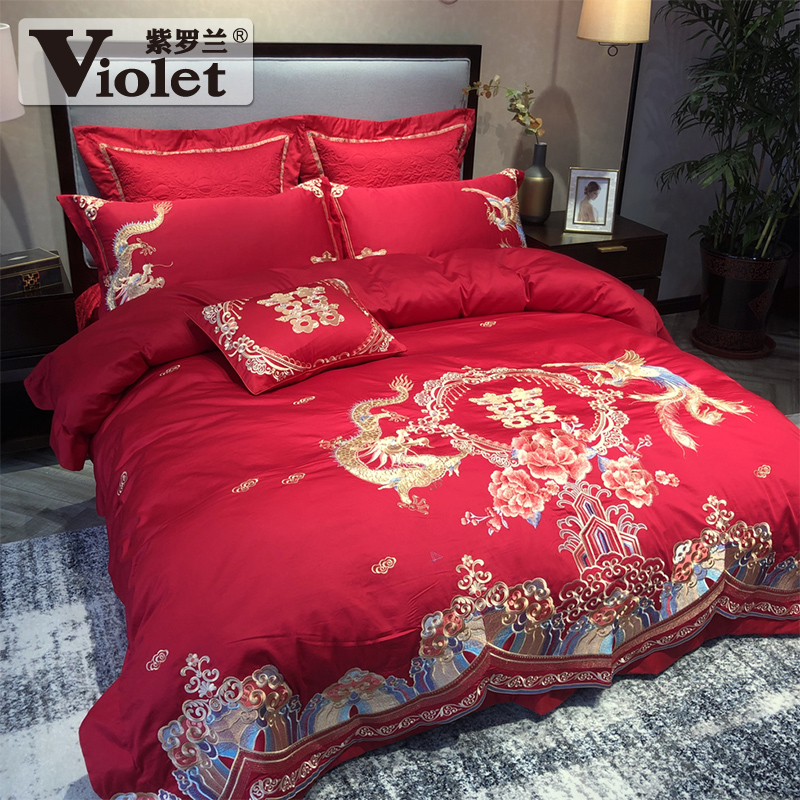 violet cotton high-density color cloth and red wedding embroidery four-piece set chinese festive wedding six-piece set ten-piece set