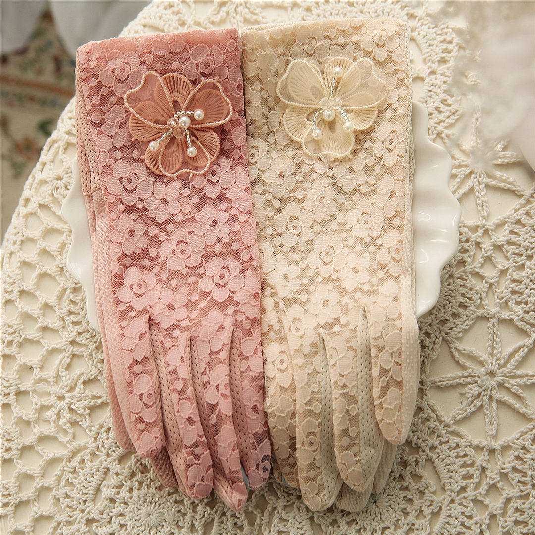 防晒触屏手套女夏天 开车防滑透气防紫外线花朵甜美风全蕾丝手套