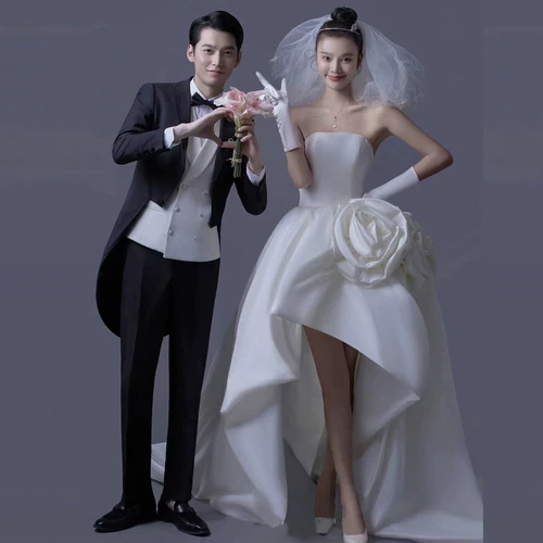 Свадебное платье для влюбленных, топ без лямок на лацкан, ассиметричный крой, в цветочек