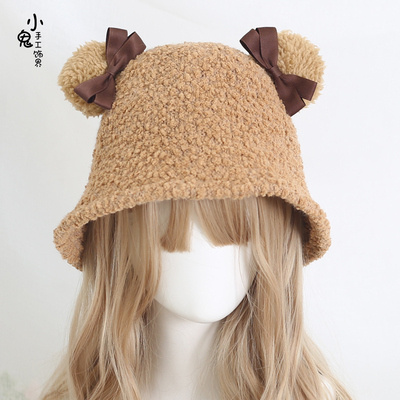 taobao agent Japanese bear -eared butterfly knot plush lamb hairy caps in autumn and winter covered face versatile lambskin fisherman hat bucket hat