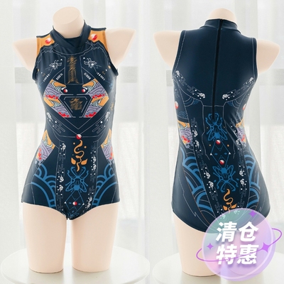 taobao agent Seven three original mechanical printing personality Saibo small zombie printed swimsuit conservative tight conjoined swimsuit