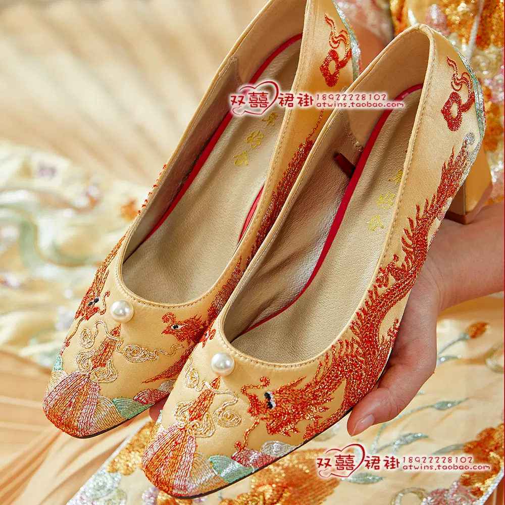 褂皇秀禾婚鞋中式金银线手工刺绣花龙凤裙褂褂后金色新娘鞋女方跟- Taobao