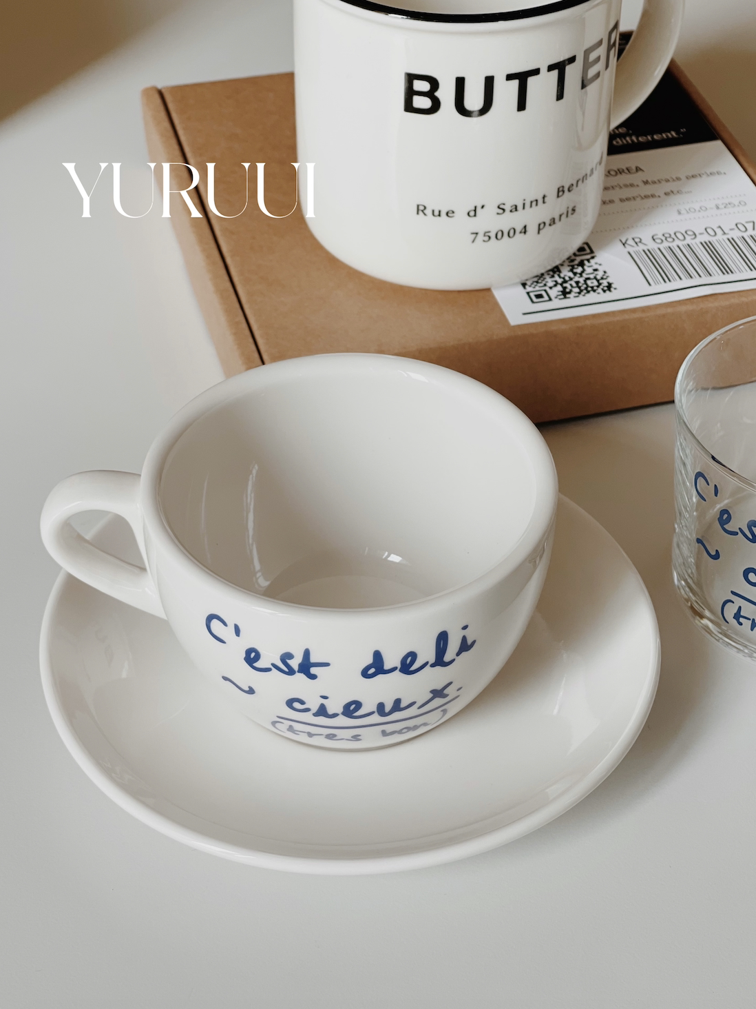 [YURUUI Designer] корейский однообразный дизайнерское французское напечатанное письмо стеклянная чашка/керамическая чашка для кофе