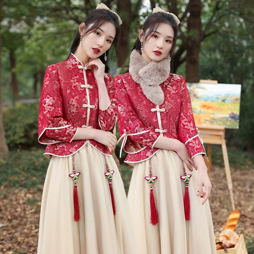 Платье подружки невесты, весеннее красное свадебное платье, китайский стиль, коллекция 2022