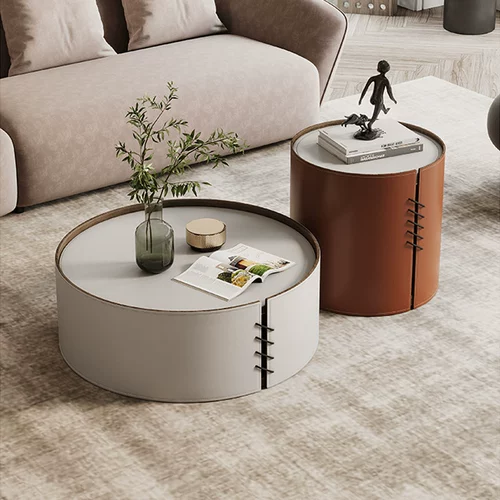 Итальянский светлый роскошный креативный кожаный круглый журнальный столик, комбинация большого и маленького круга, интернет-сланцевый чайный столик со знаменитостями, современная простая гостиная
