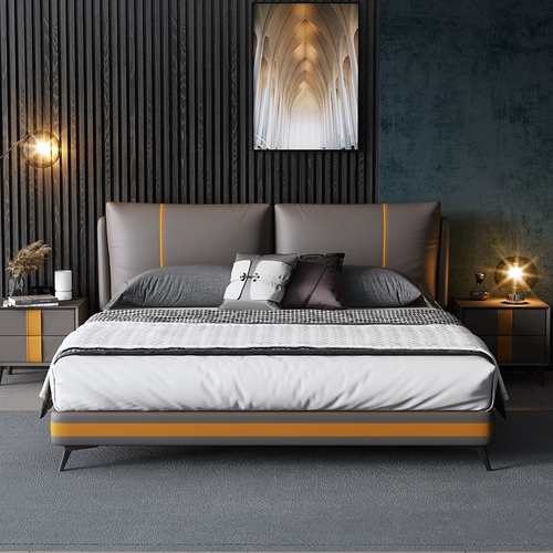 Легкая роскошная современная кожаная кровать, простая главная спальня, большая кровать, свадебная кровать, итальянская минималистская двуспальная кровать, мягкая кожаная кровать от края до края, Nordic