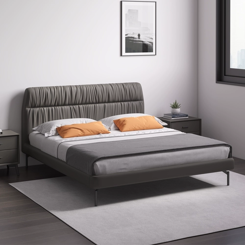 Итальянская светлая роскошная минималистичная кожаная кровать, современная минималистская большая кровать в главной спальне с тонкой прикроватной двуспальной кроватью от края до края, новый стиль 2021 года