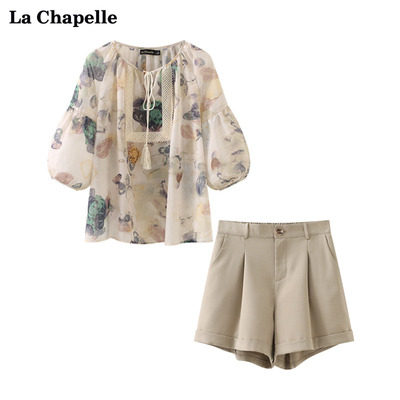 taobao agent La Chapeelle round neck printing lines leisure wide -leg short pants set women's two pieces