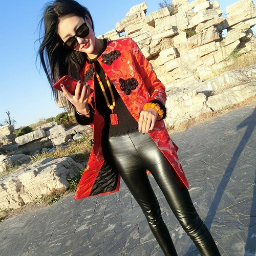 Длинная красная праздничнная демисезонная ретро куртка, китайский стиль, средней длины, с вышивкой, увеличенная толщина
