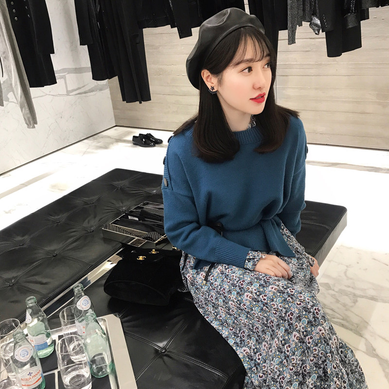 「卢洁云」cariedo2017冬季新款女复古印花雪纺裙 毛衣套装三件套