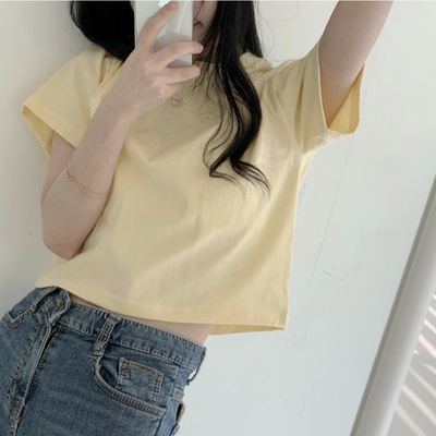 taobao agent （special）Basic Summer Cream Cream Yellow INS Clean Noodle Circle Short T -shirt ~ Loose short -sleeved Tee