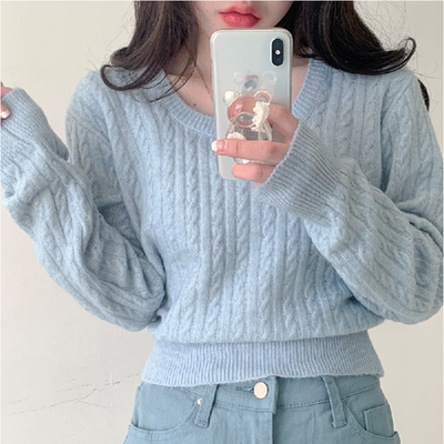 taobao agent Spring blue short sweater, knitted scarf, top, for girls