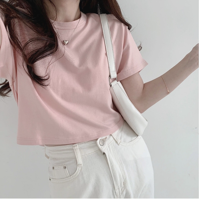 taobao agent （special）Basic gentle cream powder ins Summer round neck short T -shirt ~ loose short -sleeved Tee