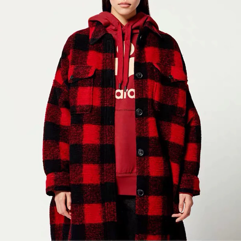Red colored demi-season long woolen jacket, 2022 collection, oversize