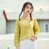 Ailusiting cotton tinh khiết dài tay áo sơ mi nữ mùa thu 2021 mới ren lỏng cổ v áo sơ mi rỗng - Áo sơ mi dài tay Áo sơ mi dài tay