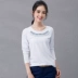 Ailusiting 2021 áo mùa xuân mới của phụ nữ thêu đơn giản cổ tròn dài tay áo thun cotton nữ mùa xuân và mùa thu 3696 - Áo phông Áo phông