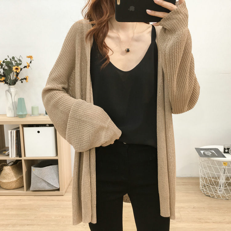 Loose large size hollow ice silk knit cardigan female summer shawl sun clothes wild weapon thin coat air conditioning shirt (1627207:28331:sort by color:Khaki;20509:28383:size:Code)