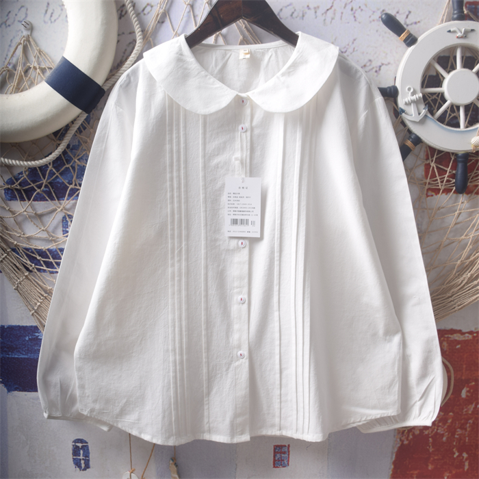 Japanese Soft Girl Organ Pleated Loose Art Doll Neck Shirt Long Sleeve Women's Top Temperament Versatile Pure Cotton Shirt (1627207:28320:sort by color:White;20509:28315:size:M)