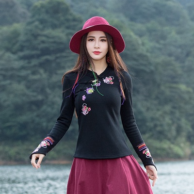 taobao agent Ethnic autumn fleece top, retro long-sleeve, T-shirt, 2020, ethnic style, Chinese style, long sleeve, with embroidery