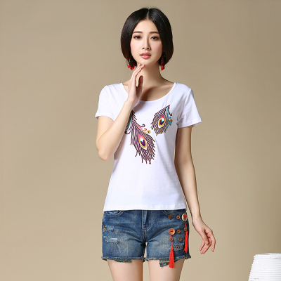 taobao agent Ethnic cotton retro T-shirt, ethnic style, plus size, with short sleeve, with embroidery