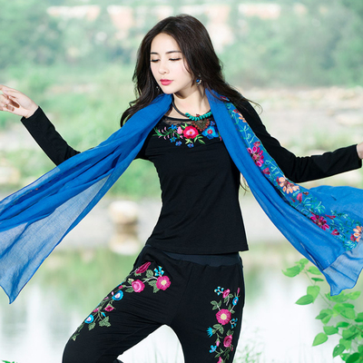 taobao agent Ethnic autumn lace long-sleeve, black top, ethnic style, plus size, with embroidery
