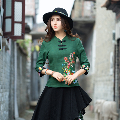 taobao agent Ethnic T-shirt, long-sleeve from Yunnan province, retro top, 2019, ethnic style, fitted, with embroidery, loose fit