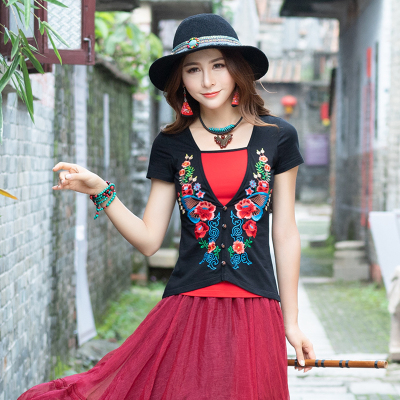 taobao agent Ethnic long-sleeve, cotton retro T-shirt, summer top, with embroidery, ethnic style, fitted, with short sleeve, 2019