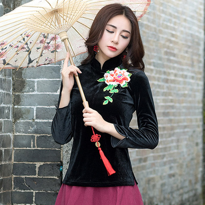 taobao agent Ethnic velvet retro fitted long-sleeve, T-shirt, top, ethnic style, with embroidery