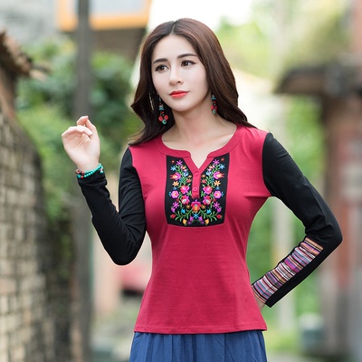taobao agent Autumn ethnic T-shirt, long-sleeve, 2020, ethnic style, with embroidery, long sleeve, plus size, Chinese style