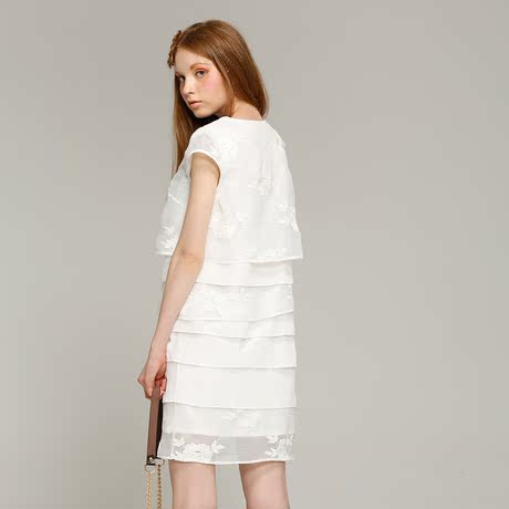 chartres高端原创 白色花朵蕾丝优雅层叠裙 2015夏女装新品q233