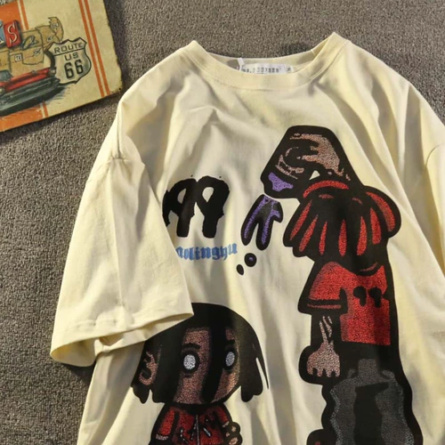 Парная одежда для влюбленных, мультяшная модная летняя футболка для отдыха в стиле хип-хоп, 2022, круглый воротник, в американском стиле, короткий рукав