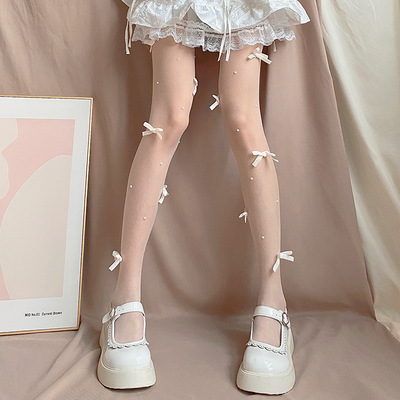 taobao agent Orangutan ● Retro Pearl+White Bow Transparent Silk Link Lolita Lolita with socks