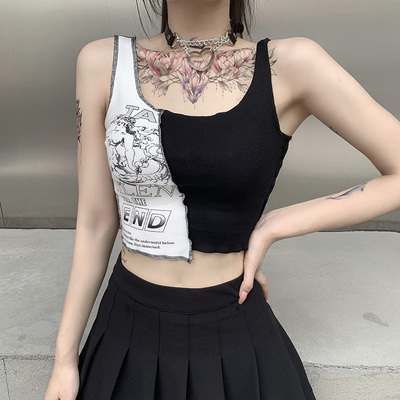 taobao agent Salt is sweet ● Handsome little hot girl stitching contrasting retro non -symmetrical suspended suspender vest hard girl match