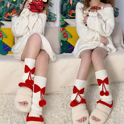 taobao agent Soft ~ Warm Christmas wind pile socks Set winter wool on the New Year's New Year, red and white bows girl heart match