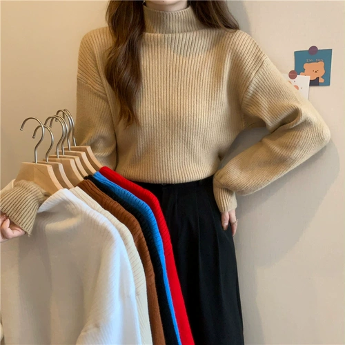 Абрикосовый цветной приятный телу осенний удерживающий тепло трикотажный свитер, высокий воротник, оверсайз