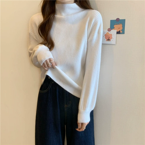 Абрикосовый цветной приятный телу осенний удерживающий тепло трикотажный свитер, высокий воротник, оверсайз