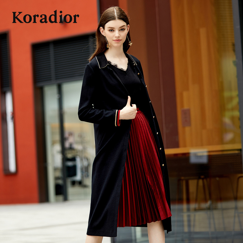 Koradior/珂莱蒂尔品牌女装2018秋装新款羊毛中长款修身毛呢外套