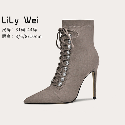 taobao agent Lily wei gray leather boots fine heel pointed high -heeled short boots small size women's shoes 313233 autumn and winter plus velvet