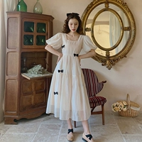 Летнее ретро платье с бантиком, длинная юбка, коллекция 2021, французский ретро стиль, квадратный вырез